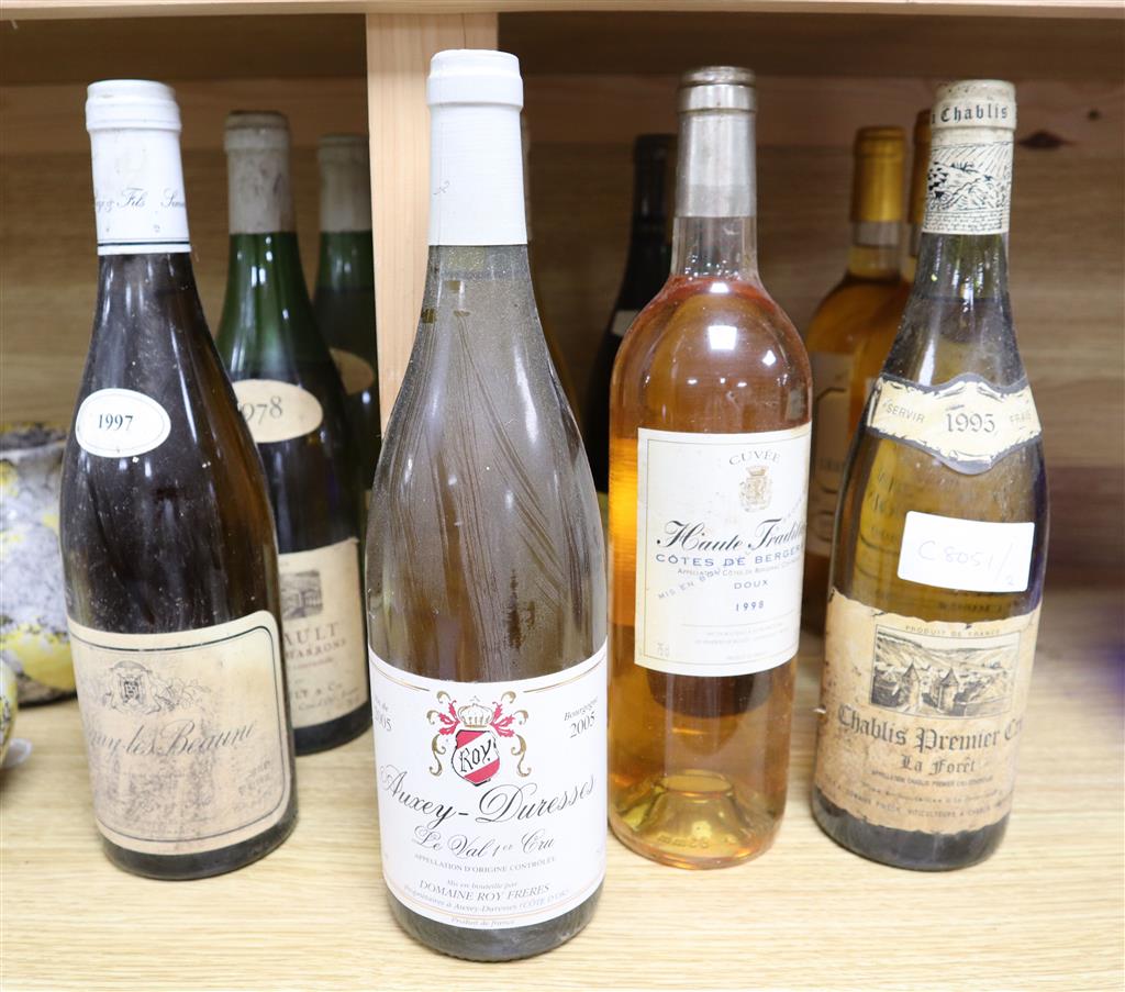 Twelve bottles of mixed white wine including a bottle of Chablis Premier Cru 1995 and a 1978 Meursault